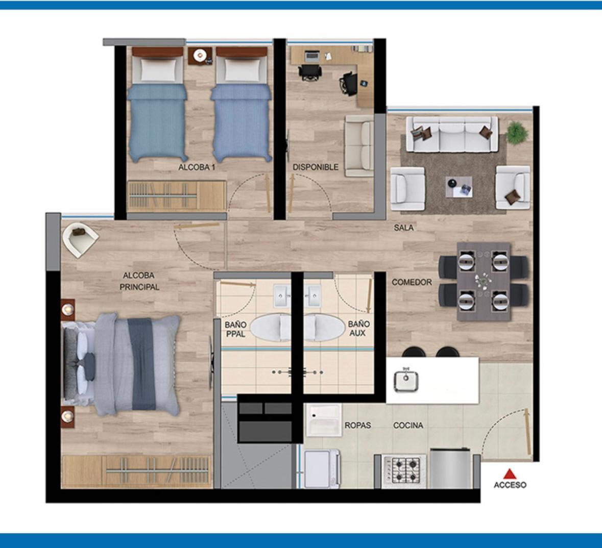 Apartamento 60 mts2 en La Felicidad con garaje cubierto.